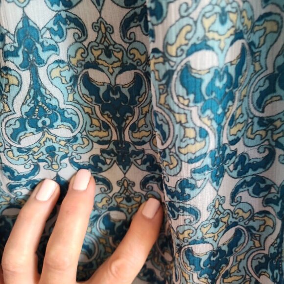 Ladies SZ 2 Inc Aqua Print Silk Peasant Top - Picture 4 of 5